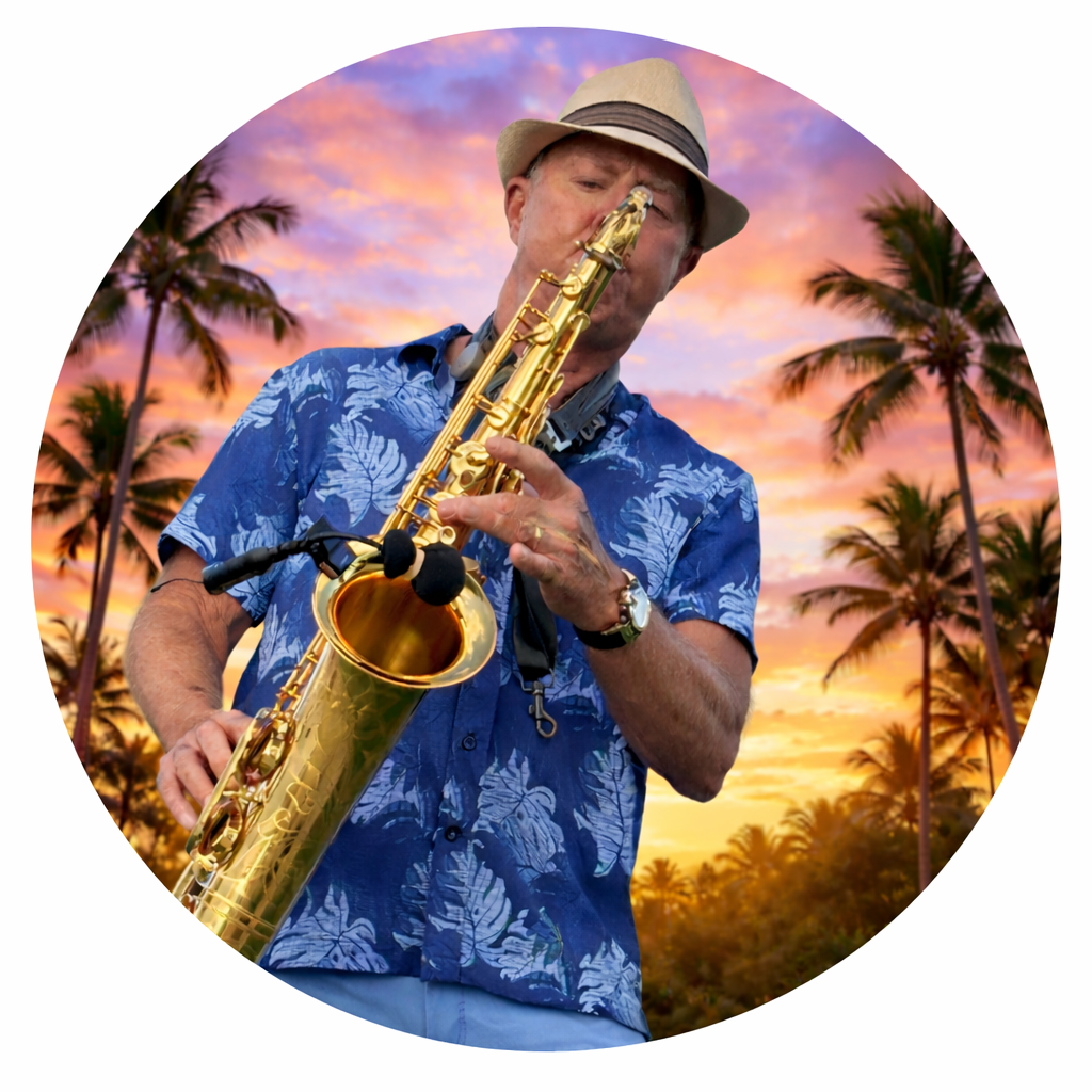Bill Hammond playing his saxophone in his tropical Cool Vibes promotional portrait