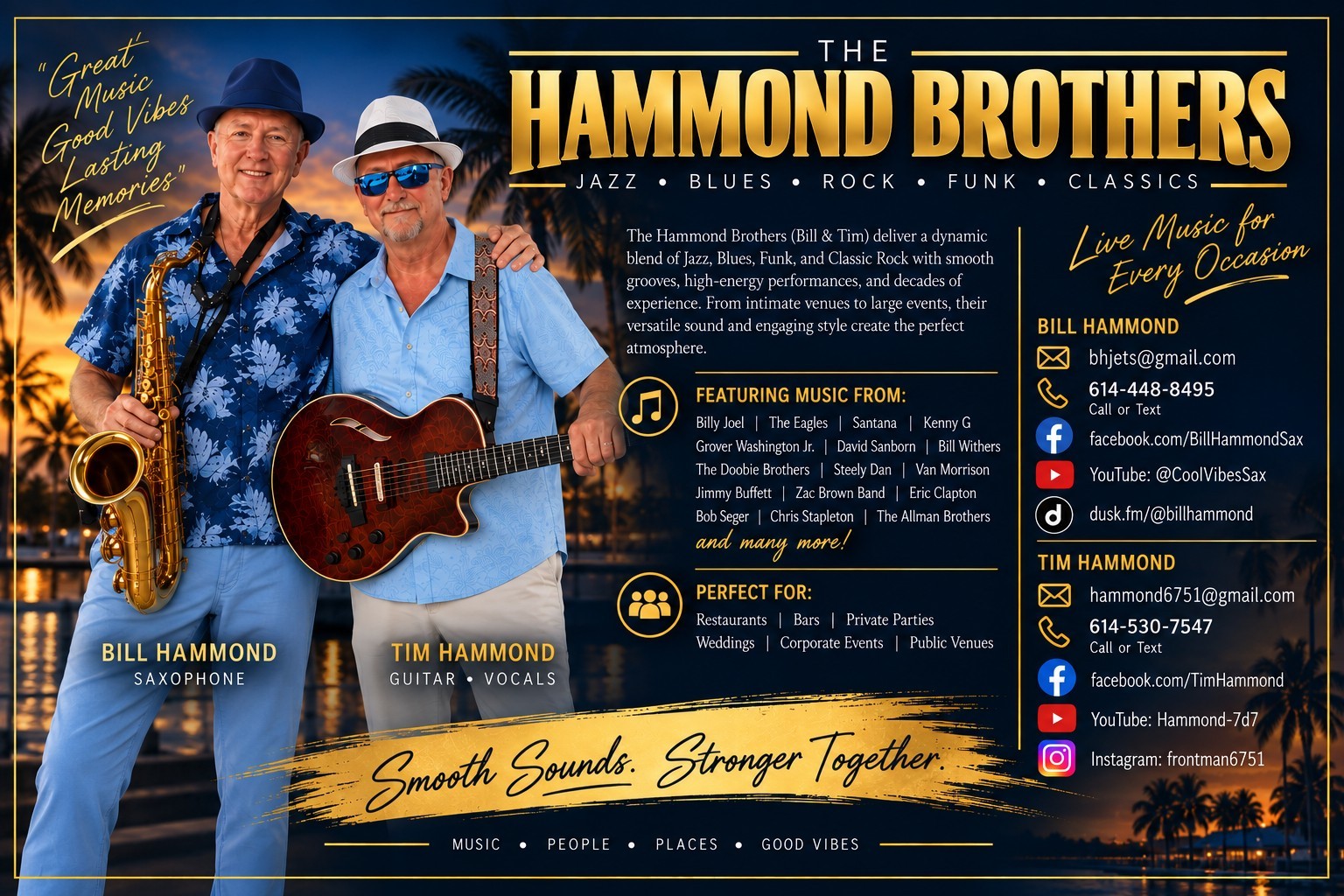 Bill Hammond with saxophone and his brother Tim with guitar, from their Hammond Brothers promotional photograph